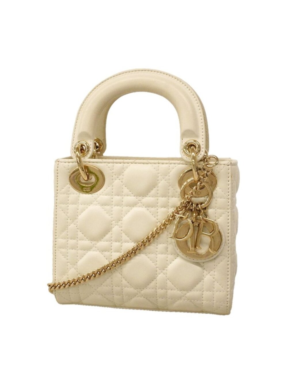 Dior Handbag Cannage Lady Leather White Champagne Gold 2-Way Bag